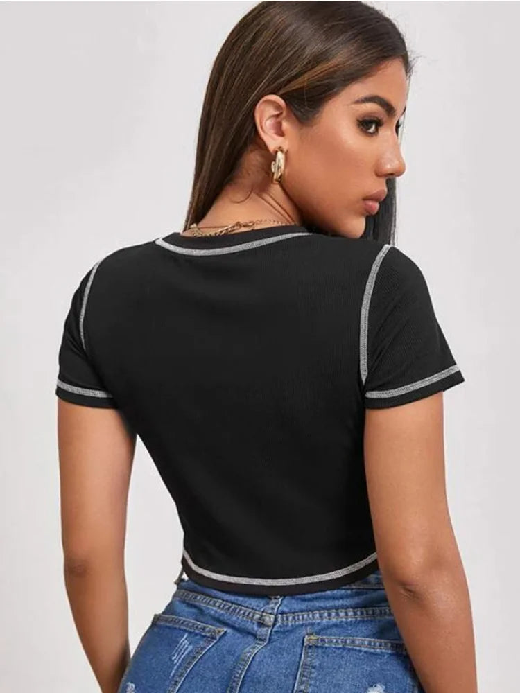 Women's Stylish Angel Letter Printed T-Shirt Short Sleeve Round Neck Contrast Stitch Slim Fit Wild Casual Crop Tops for Summer
