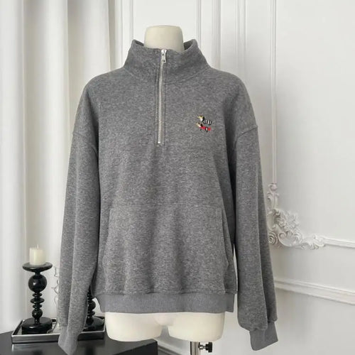 Load image into Gallery viewer, Korean Grey Dog Embroidery Half Zipper Stand Collar Sweatshirt Women 2024 Autumn Winter Beige Loose Pullover Long Sleeved Tops
