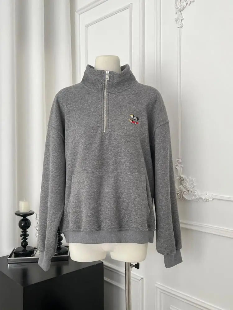 Korean Grey Dog Embroidery Half Zipper Stand Collar Sweatshirt Women 2024 Autumn Winter Beige Loose Pullover Long Sleeved Tops