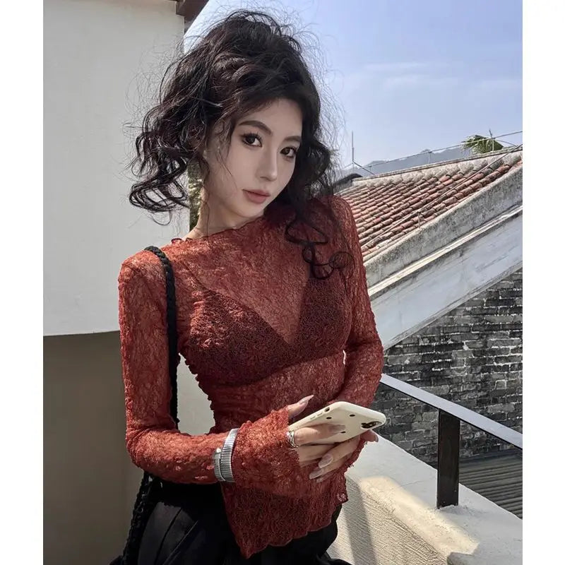 Lace Y2k Tops Sexy T Shirts for Women Long Sleeve O-neck Tunic Tees Fashion Korean Summer Camisetas See Through Crop Tshirts