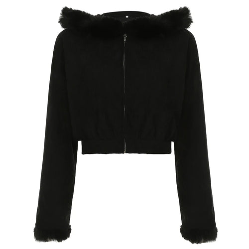 Load image into Gallery viewer, Y2K Faux Fur Trim Collar Corduroy Jackets Korean Fashion Cropped Winter Coat Hooded Outwear Zipper-Up Fluffy Jackets
