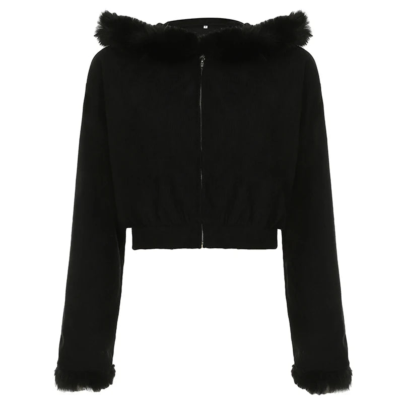 Y2K Faux Fur Trim Collar Corduroy Jackets Korean Fashion Cropped Winter Coat Hooded Outwear Zipper-Up Fluffy Jackets