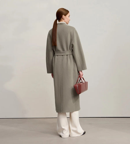 100% Wool Women's Jacket Coat 2025 Winter New Long Zipper Woolen Coat Woman With Belt Double-sided Tweed Jacket 12544007