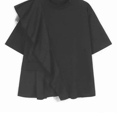 Load image into Gallery viewer, Women Blue Mesh Ruffles Big Size Elegant T-shirt New Round Neck Short Sleeve Fashion Tide Spring Summer 2025 1DJ0586
