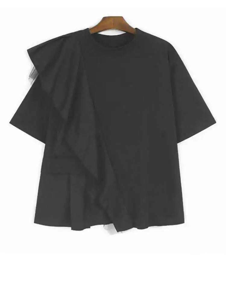 Women Blue Mesh Ruffles Big Size Elegant T-shirt New Round Neck Short Sleeve Fashion Tide Spring Summer 2025 1DJ0586