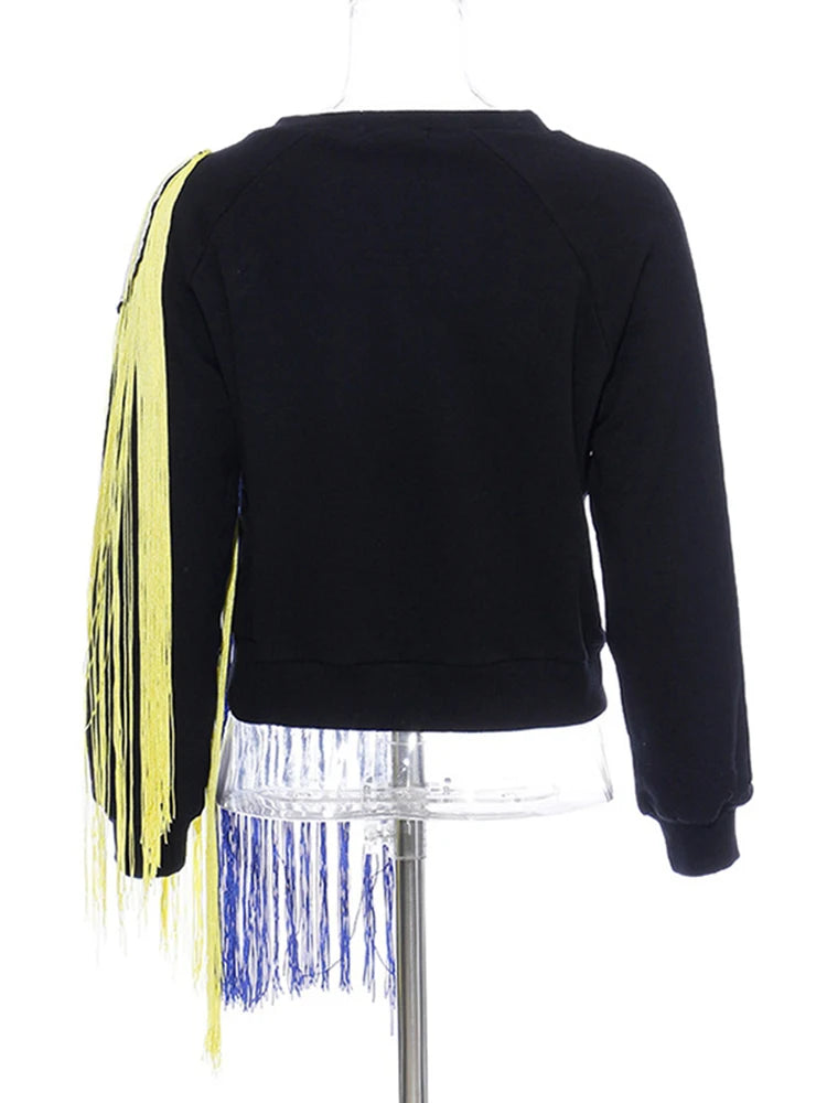 Hit Color Streetwear Sweatshirt For Women O Neck Long Sleeve Patchwork Tassel Sweatshirts Female Fashion New Spring