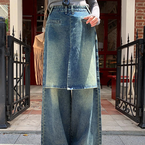 Load image into Gallery viewer, Fake Two Patchwork Skirt Denim Trouser For Women High Waist Spliced Pockets Loose Wide Leh Pants Female Fashion Style New
