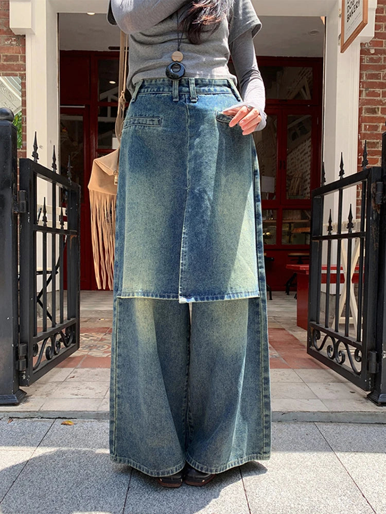 Fake Two Patchwork Skirt Denim Trouser For Women High Waist Spliced Pockets Loose Wide Leh Pants Female Fashion Style New