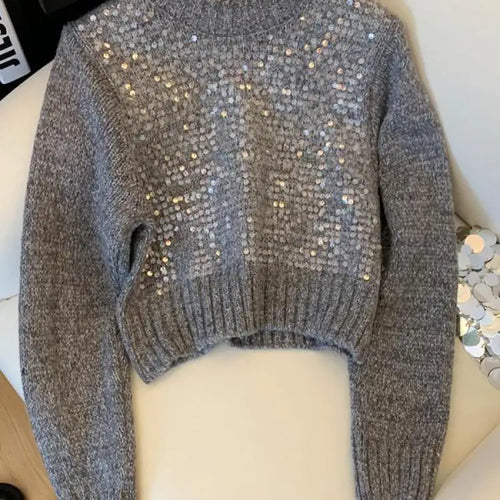 Load image into Gallery viewer, French Solid Sequins Knitted Sweater Women Autumn Winter 2023 New Fashion Long Sleeve O Neck Short Pullover Tops Casual Vintage
