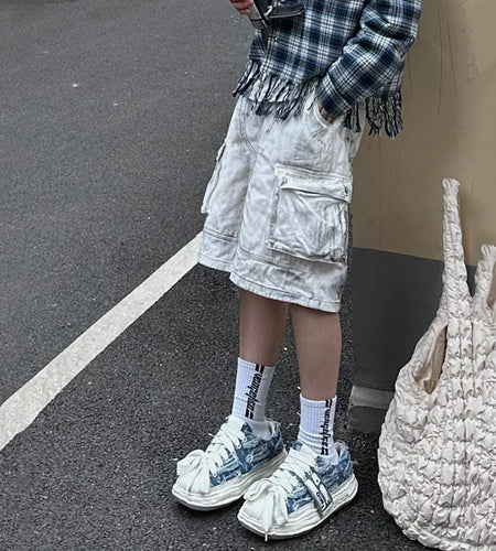 High Street Male Denim Shorts Big Pockets Worn-out Male Overall Straight Wide Leg Male Jeans Niche Style Summer 9C6706