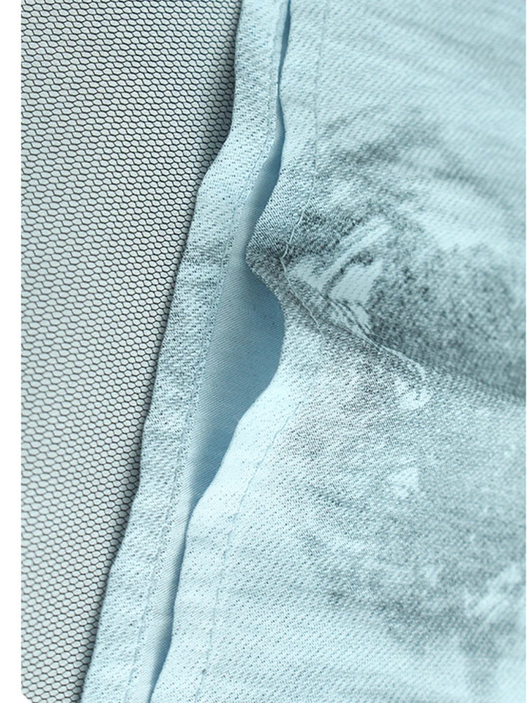 Women Blue Pattern Printed Mesh Big Size Midi Dress New Round Neck Short Sleeve Fashion Tide Spring Summer 2025 1DJ1326