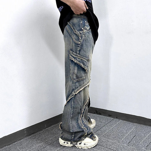 Load image into Gallery viewer, Male Jeans Summer New American High Street Edge Design Splicing Trendy Straight Leg Casual Patchwork Men's Pants 9W1866
