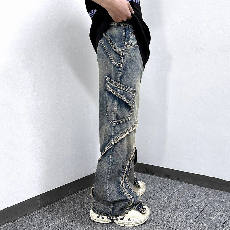 Male Jeans Summer New American High Street Edge Design Splicing Trendy Straight Leg Casual Patchwork Men's Pants 9W1866