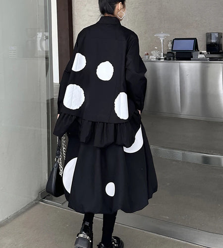 Black Dot Big Size Irregular Shirt Skirt Two Pieces Suit New Lapel Long Sleeve Women Fashion Spring Autumn 2025 1DH9366