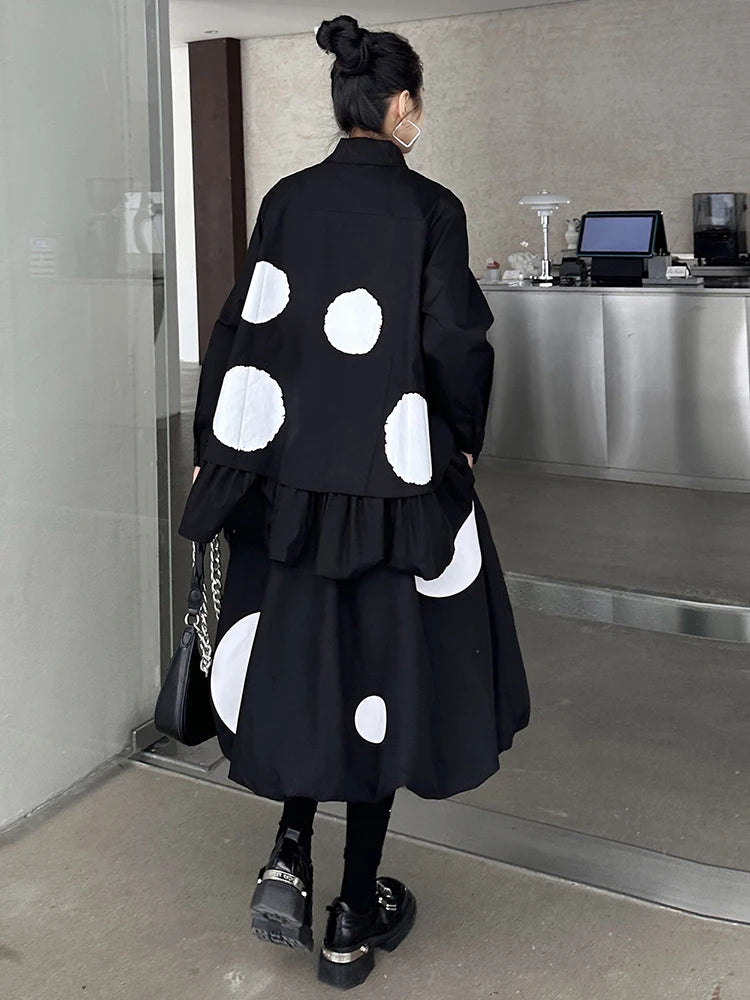 Black Dot Big Size Irregular Shirt Skirt Two Pieces Suit New Lapel Long Sleeve Women Fashion Spring Autumn 2025 1DH9366