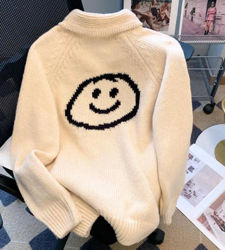 Korean Beige Smiling Face Patchwork Zipper Sweater Women's 2024 Autumn Winter New Long Sleeve Cardigan Knit Tops Fashion Popular