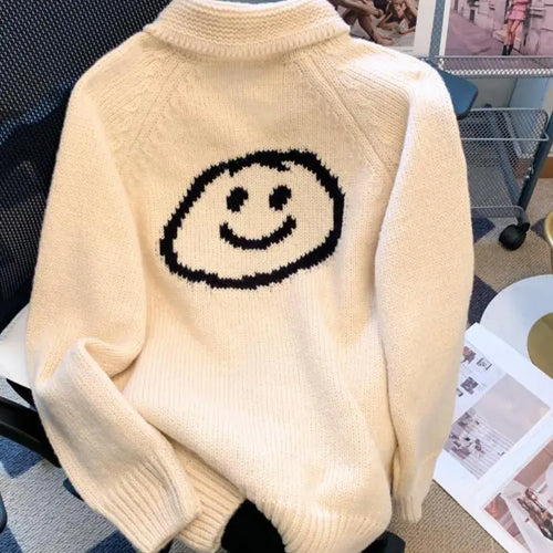 Load image into Gallery viewer, Korean Beige Smiling Face Patchwork Zipper Sweater Women's 2024 Autumn Winter New Long Sleeve Cardigan Knit Tops Fashion Popular
