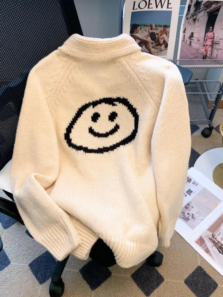 Korean Beige Smiling Face Patchwork Zipper Sweater Women's 2024 Autumn Winter New Long Sleeve Cardigan Knit Tops Fashion Popular