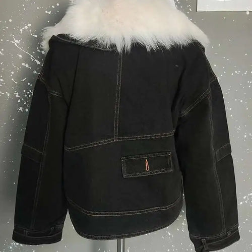 Load image into Gallery viewer, Blue Denim Cotton-padded Big Size Warm Jacket New Fur Lapel Long Sleeve Women Coat Fashion Autumn Winter 2025 CPG2442
