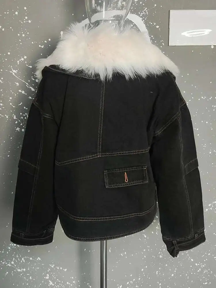 Blue Denim Cotton-padded Big Size Warm Jacket New Fur Lapel Long Sleeve Women Coat Fashion Autumn Winter 2025 CPG2442