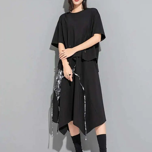 Load image into Gallery viewer, Women Black Irregular Big Size Casual T-shirt New O-Neck Short Sleeve Fashion Loose Fit Tide Spring Summer 2025 1DF6521
