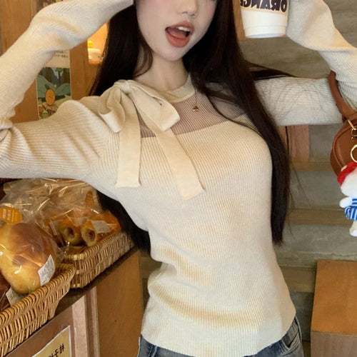 Load image into Gallery viewer, y2k Fairycore Top Women Clothing Solid Color Tie Bow Round Neck Long Sleeve Knitted T Shirt 2000s Clothes Streetwear
