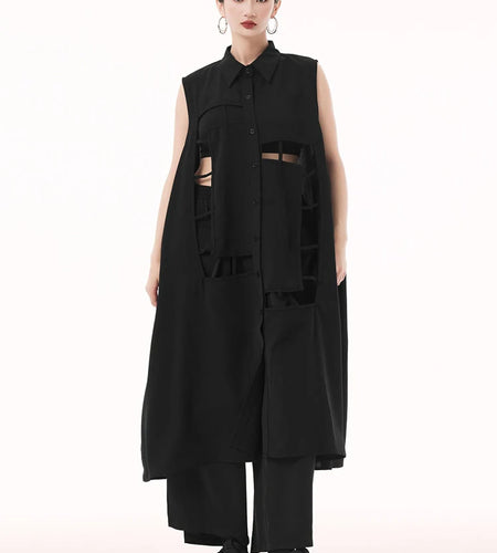 Women Army Green Hollow Out Big Size Midi Casual Dress New Lapel Sleeveless Fashion Tide Spring Summer 2025 1DH9512