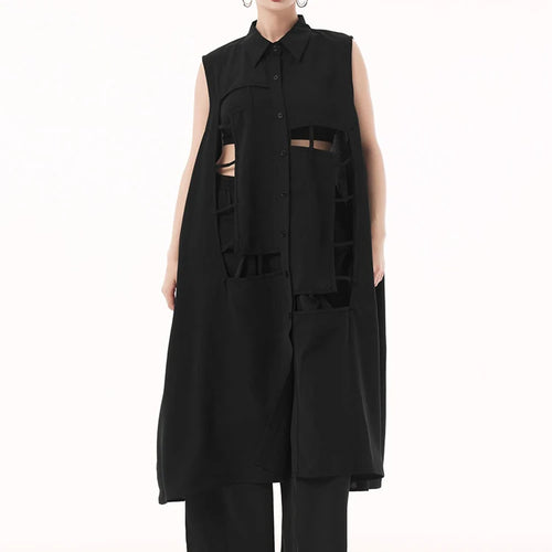 Load image into Gallery viewer, Women Army Green Hollow Out Big Size Midi Casual Dress New Lapel Sleeveless Fashion Tide Spring Summer 2025 1DH9512
