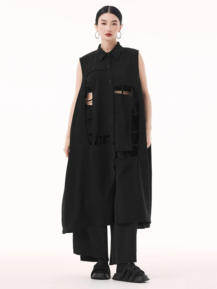 Women Army Green Hollow Out Big Size Midi Casual Dress New Lapel Sleeveless Fashion Tide Spring Summer 2025 1DH9512