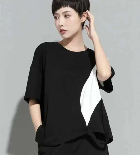 Women White Color-block Irregular Big Size T-shirt New Round Neck Half Sleeve Fashion Tide Spring Summer 2025 1DE8661