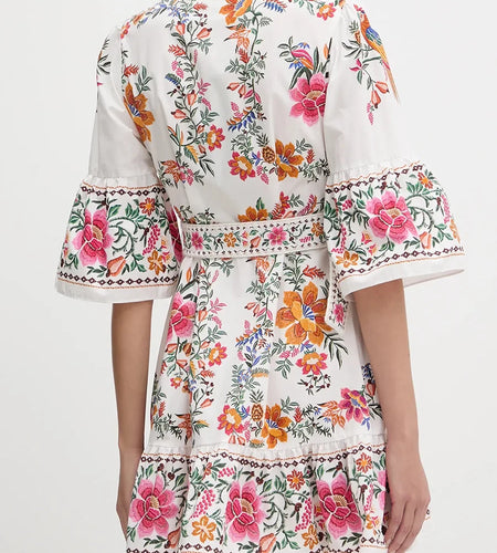 Printing Spliced Belt Casual Dresses for Women O Neck Half Sleeves Patchwork Folds Fashion Dress Female Clothes New