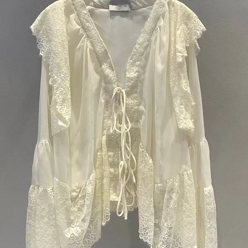 Load image into Gallery viewer, Solid Loose Spliced Lace Elegant Blouses for Women V Neck Long Sleeves Patchwork Lace Up Fashion Bloaue Female New
