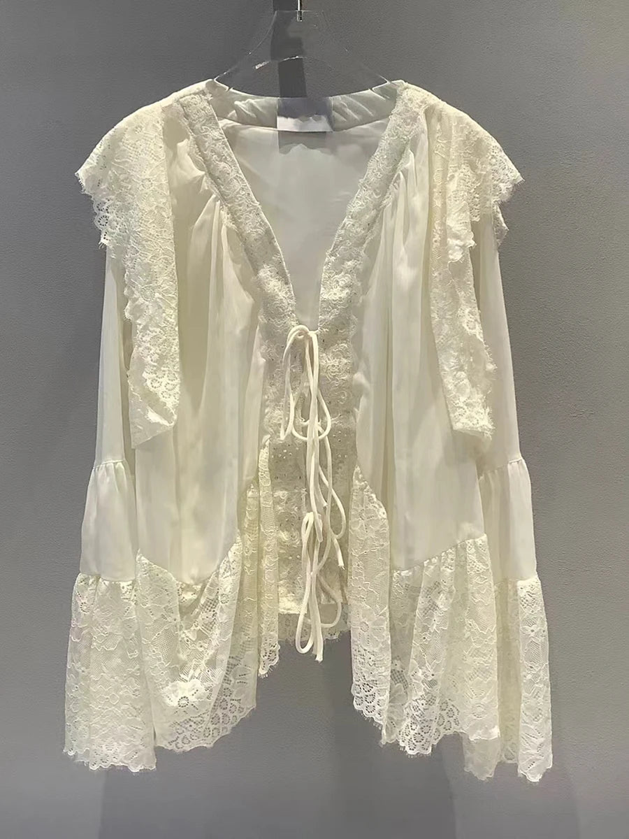 Solid Loose Spliced Lace Elegant Blouses for Women V Neck Long Sleeves Patchwork Lace Up Fashion Bloaue Female New