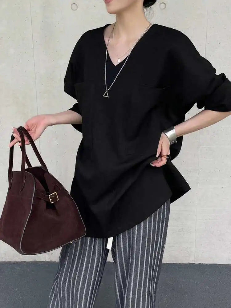 Women Gray Double Pocket Big Size Elegant Mini Dress New V--Neck Long Sleeve Fashion Tide Spring Autumn 2025 1DH7310