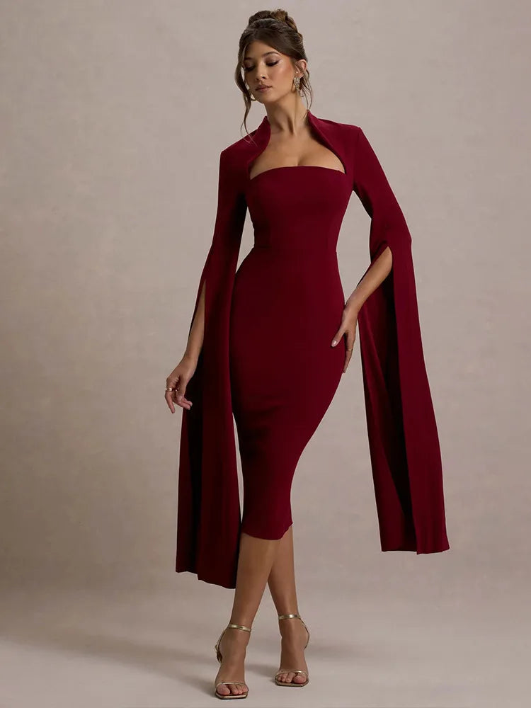 Elegant Long Sleeved Elastic Tight Dress For Women Autumn/Winter 2025 New Dress Sexy Long Slit Party Club Evening Dress
