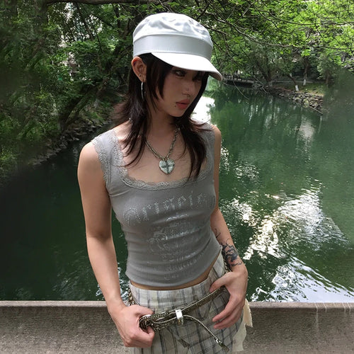 Load image into Gallery viewer, Japanese Y2k Lace Tank Top Trashy 2000s Style Letter Print Crop Top Vintage Harajuku Knitted Tanktop American Retro 90s
