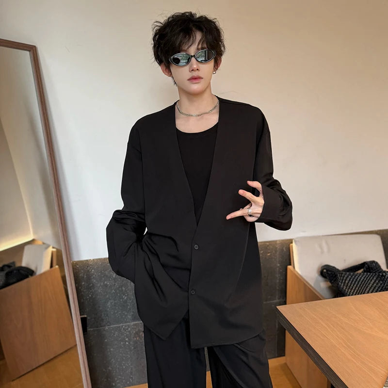 Men's Shirts New Fake Two Piece Design Shirt Long Sleeve Solid Color Single Breasted Male Loose Clothing Spring 9W1752