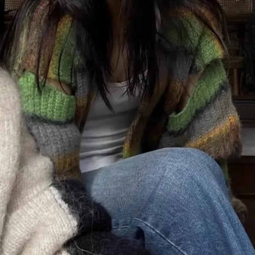 Load image into Gallery viewer, New Fashion Grunge Striped Women Knitwear 2025 Streetwear All Match Loose Y2k Aesthetic Sweaters Casual Vintage Cardigans Autumn
