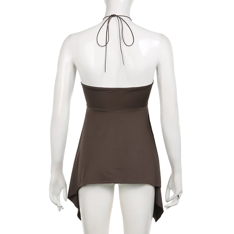 Vintage Brown Folds Halter Top Camisole Irregular Hem Fashion Y2K Ruched Sexy Party Tops Female Ring Off Shoulder Hot