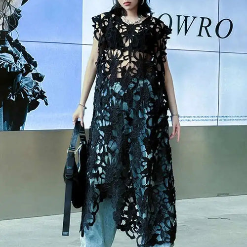 Load image into Gallery viewer, Women Black Lace Hollow Out Perspective Big Size Dress New Round Neck Sleeveless Fashion Tide Spring Summer 2025 1DJ0243
