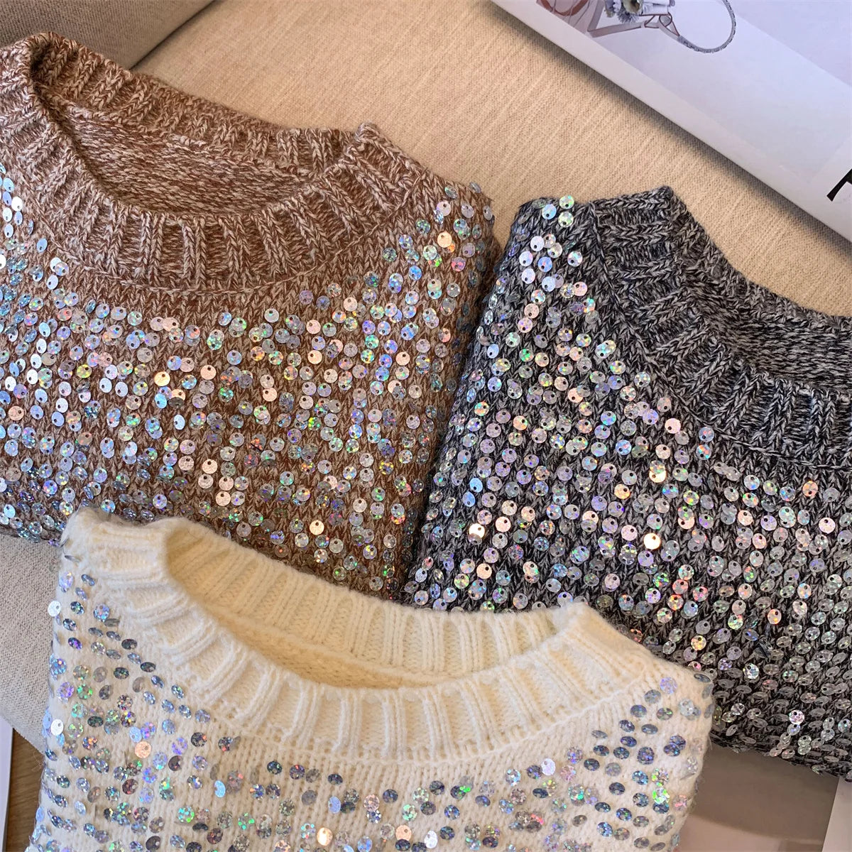 Women Sweet Sequins Short Sweater Casual Autumn Winter Basics Knitted Korean Loose O-neck Long Sleeve Elegance Pullover Tops New
