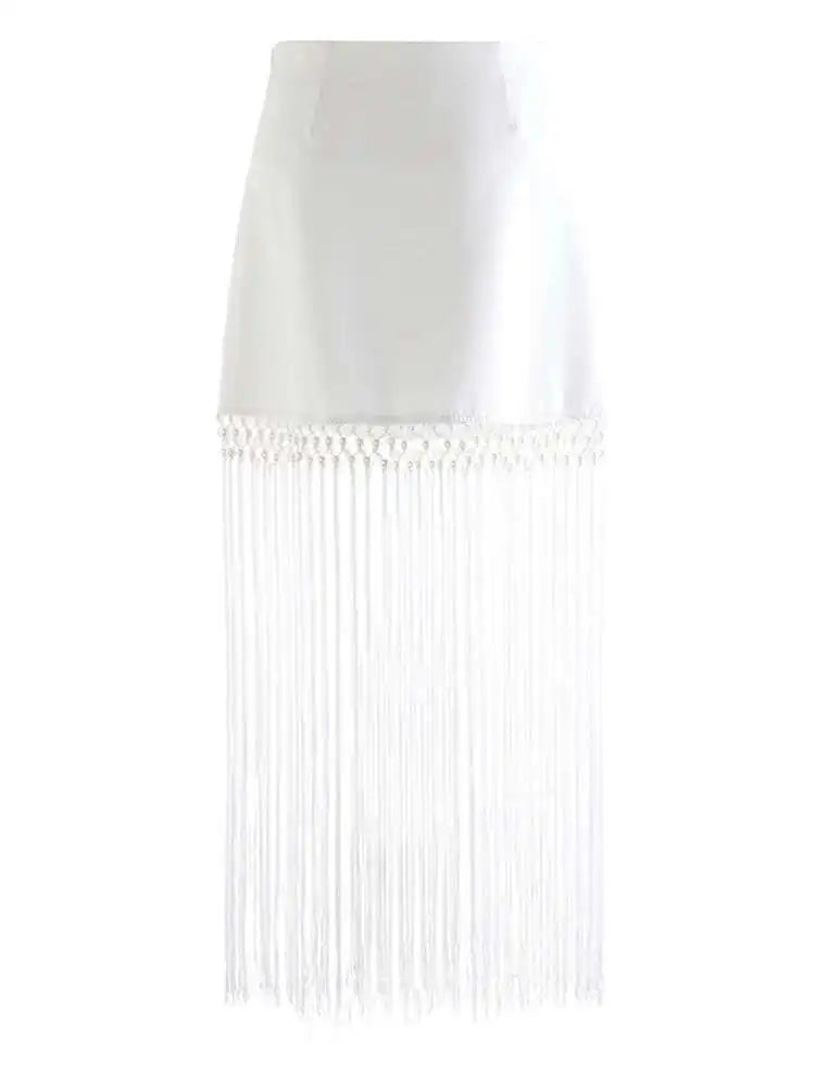 High Waist Black White Nailed Tassels Elegant A-line Half-body Skirt Women Fashion Tide New Spring Autumn 2025 1DH9909