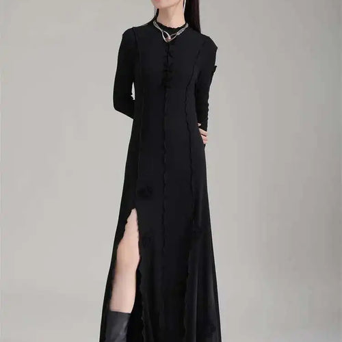 Load image into Gallery viewer, Women Black Flower Elegant Slit Long Dress New Turtleneck Long Sleeve Loose Fit Fashion Tide Spring Autumn 2025 1DH1870
