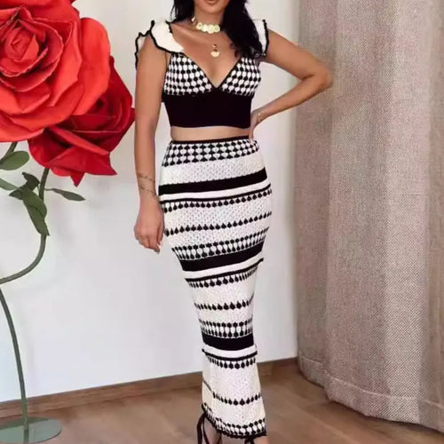 Load image into Gallery viewer, Striped Knit Two Piece Sets Women V Neck Sleeveless Crop Tops And Maxi Skirt Matching Sets Ladies Knit Skirt Sets
