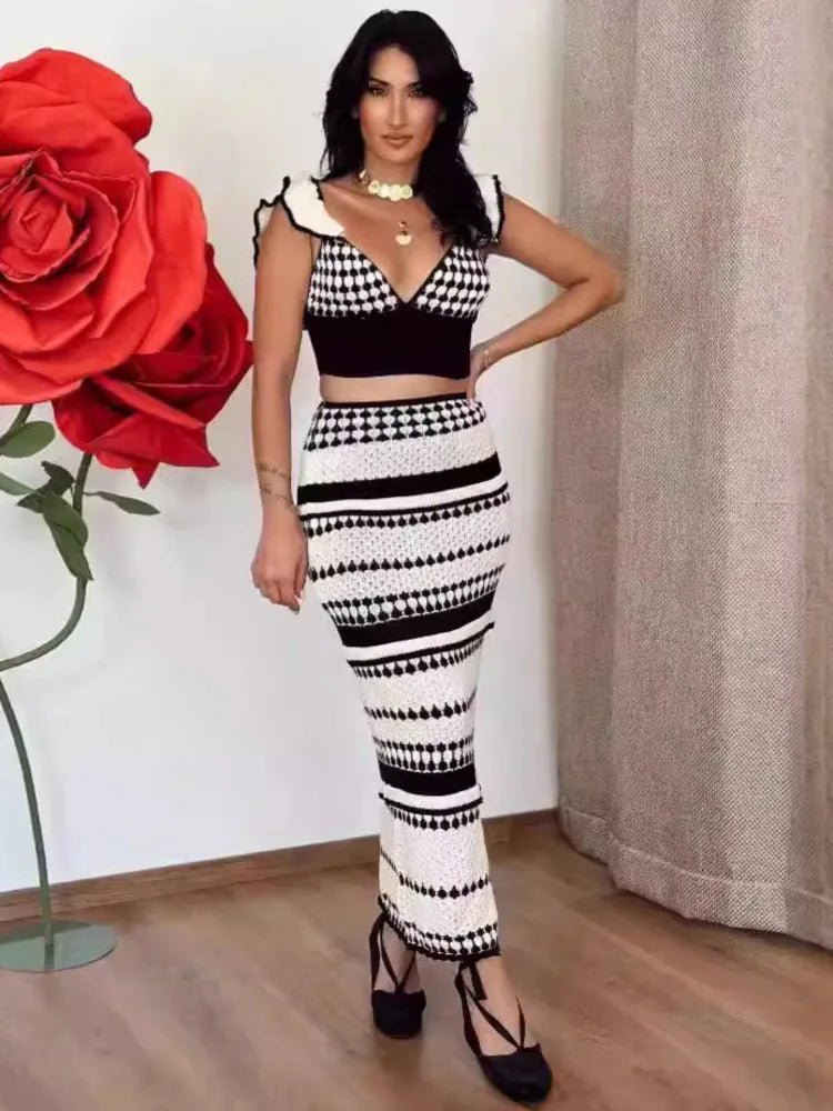 Striped Knit Two Piece Sets Women V Neck Sleeveless Crop Tops And Maxi Skirt Matching Sets Ladies Knit Skirt Sets