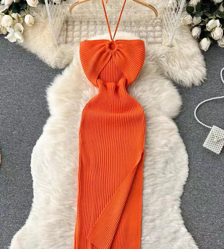 Korean Women's Solid Elegant Sexy Club Slim Wrapped Hip Halter Lace-up Split Long Dress Summer Vacation Knitted Party Dress Chic