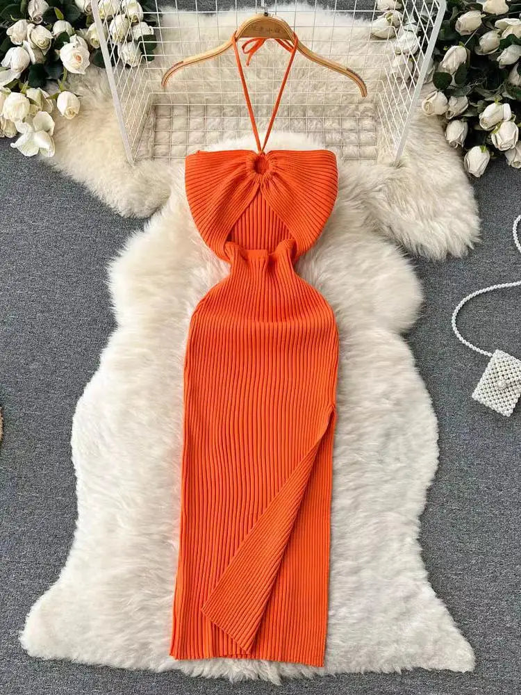 Korean Women's Solid Elegant Sexy Club Slim Wrapped Hip Halter Lace-up Split Long Dress Summer Vacation Knitted Party Dress Chic