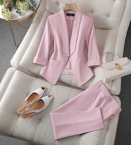 Spring Summer 2023 Flanged Casual Jacket Blazer Slim Pencil Pants Elegant Women's Pants Suit Office Manager Outfits Two Piece