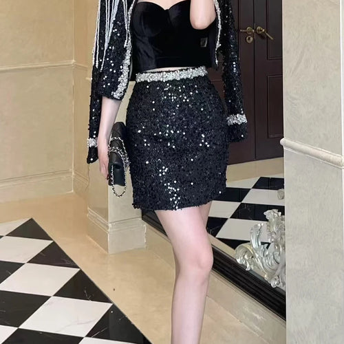 Load image into Gallery viewer, Solid Spliced Sequins Two Piece Sets for Women O Neck Long Sleeves Top Mini Skirt Patchwork Bead Elegant Set Female
