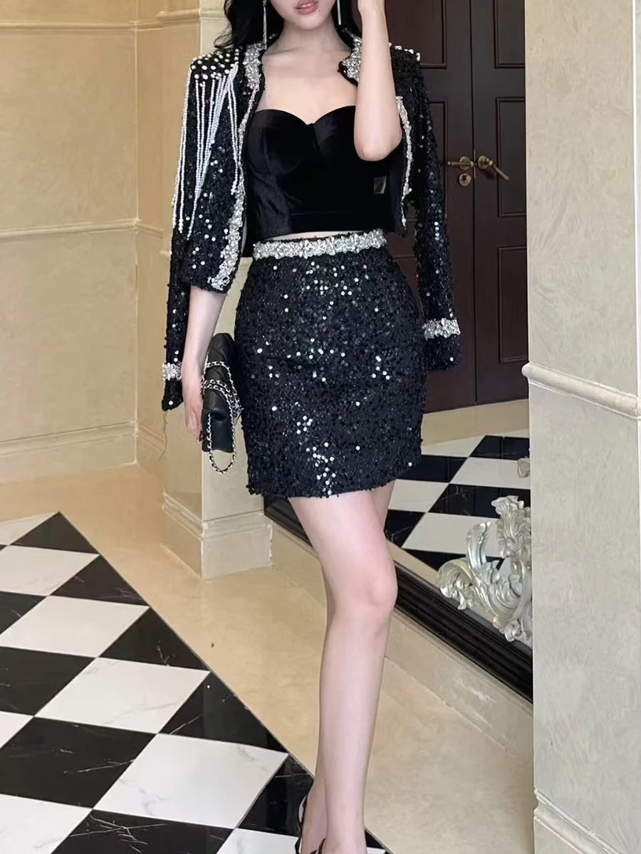 Solid Spliced Sequins Two Piece Sets for Women O Neck Long Sleeves Top Mini Skirt Patchwork Bead Elegant Set Female